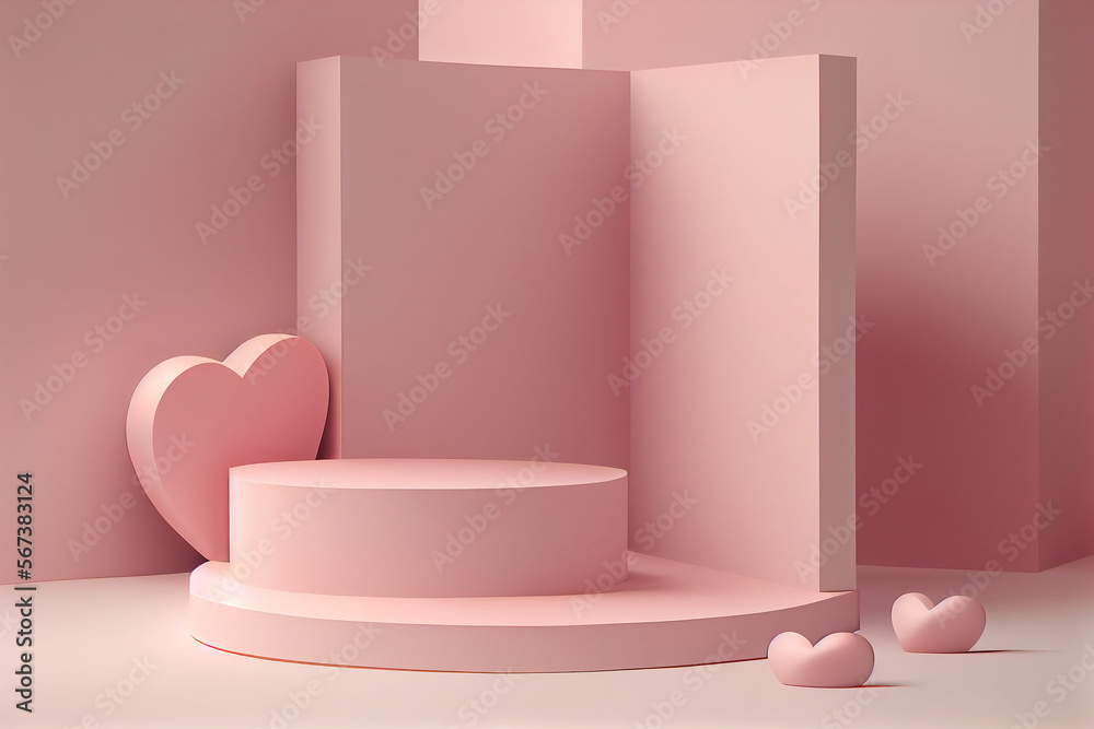 3D empty podium display. Pastel pink background. product presentation, with abstract heart