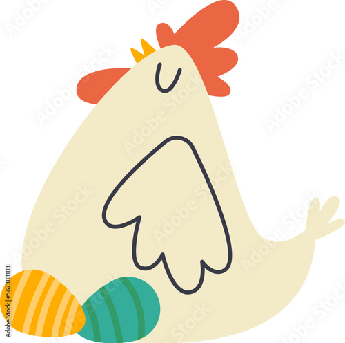Cute cartoon chicken with easter egg flat icon