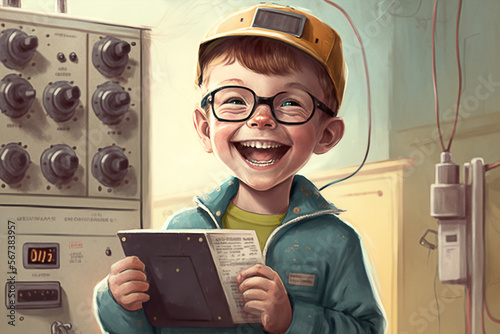 illustration for a children's book of a smiling boy eletrician - AI generative photo