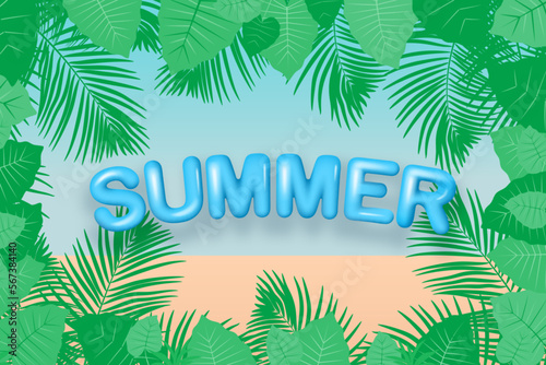 Tropical background. 3D text SUMMER in palm leaves frame. Vector background