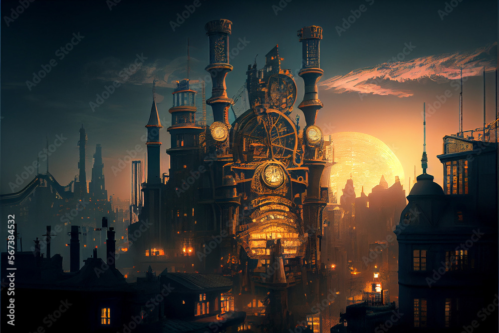 Naklejka premium Steampunk city, fantasy illustration. The sun goes into sunset.
