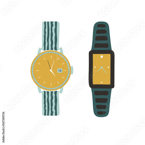 Vector Set of men's and women's watches. Watches collection isolated on white background. Bright hours. Vector illustration