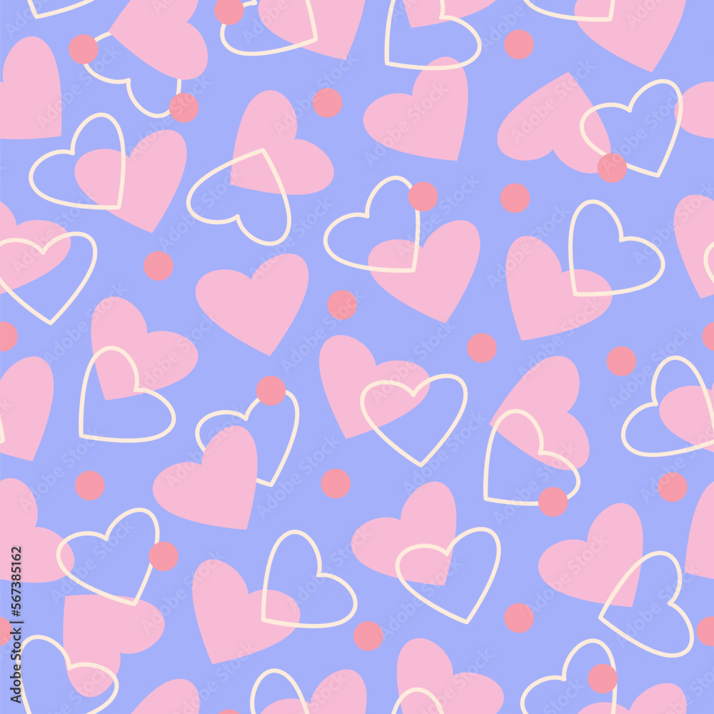 Pink hearts vector seamless pattern on blue background. Cute valentines day illustration for card, fabric, wallpaper or wrapping paper