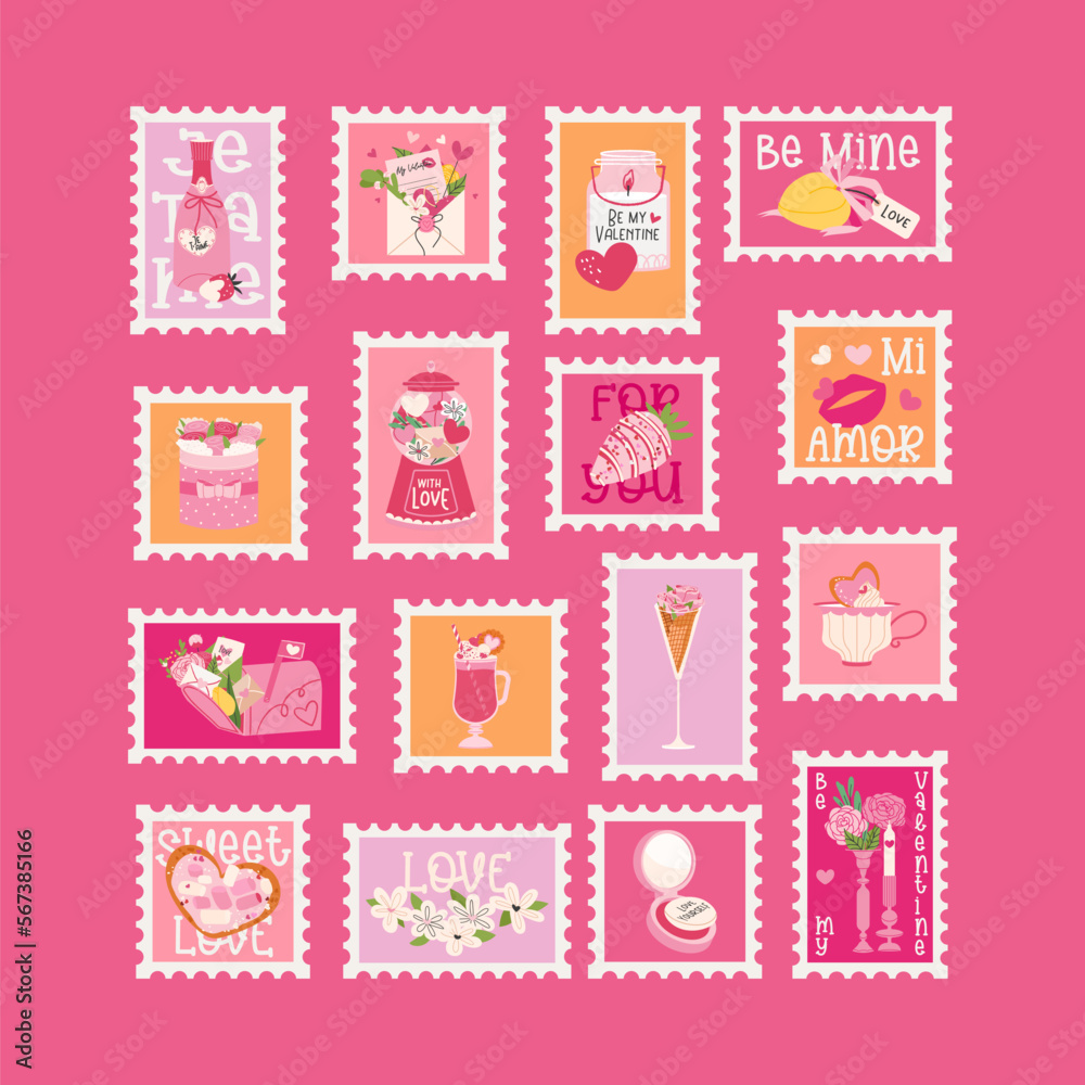 Valentines day love postage stamps vector set on pink background. Text about love on decorated with hearts. Modern illustration for cards or poster design