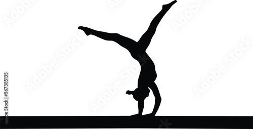 girl gymnast handstand exercise on balance beam black silhouette