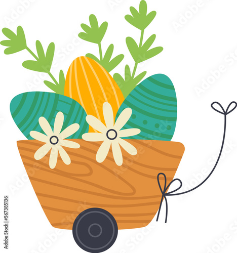 Decorative easter eggs in basket flat icon