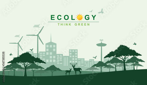 Green energy concept, Silhouette of Smart city and Wild animal in the forest, Sustainability Ecology and Environment conservation with Renewable energy sources, Earth day, Think green or Eco friendly.
