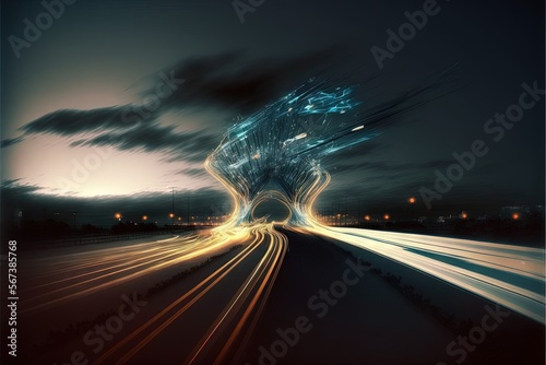 open road on high speed blurred motion creative light trails generative art Generative AI