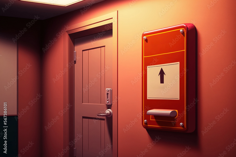 Fire exit sign at the corridor in building. Generative AI