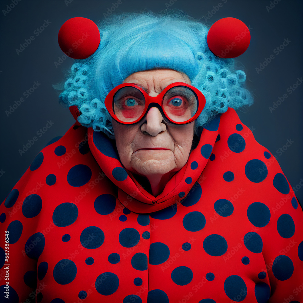 An old lady with blue hair wearing big glasses and a red polka dot ...