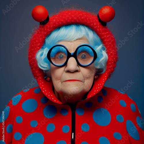 An old lady with blue hair wearing big glasses and a red polka dot outfit. She looks like a ladybug. This is a generative ai picture. Therefore, she is not a real model. © Dreamers Artists