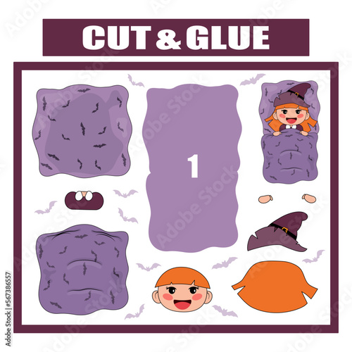 Cut out and glue the parts of the image. Witch in a bed