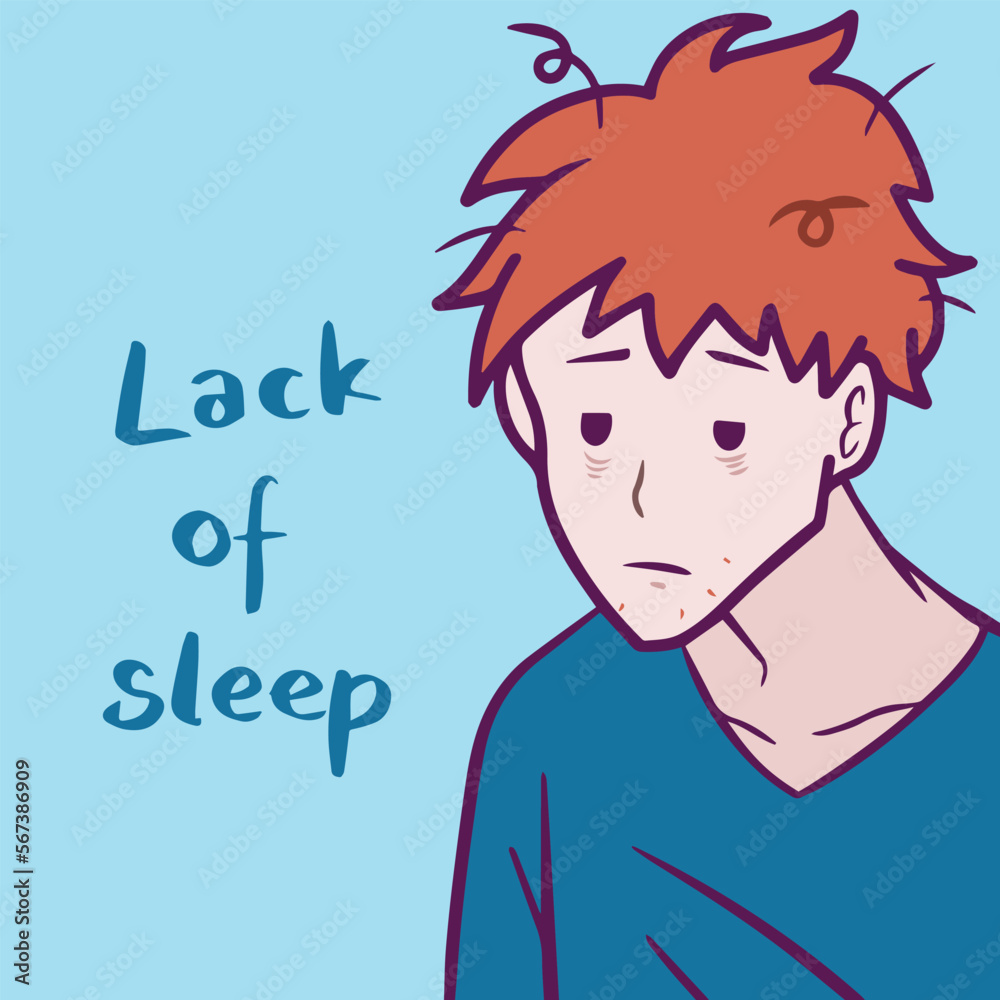 Lack of sleep vector illustration isolated on plain blue square background. Sleep deprivation themed drawing with clean and simple flat colors and outline art style. Lack of sleep vector illustration isolated on plain blue square background. Sleep deprivation themed drawing with clean and simple flat colors and outline art style.