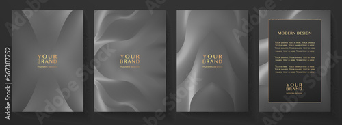 Contemporary technology cover design set. Luxury background with silver line pattern (guilloche curves). Premium metallic vector tech backdrop for business layout, digital certificate, formal brochure