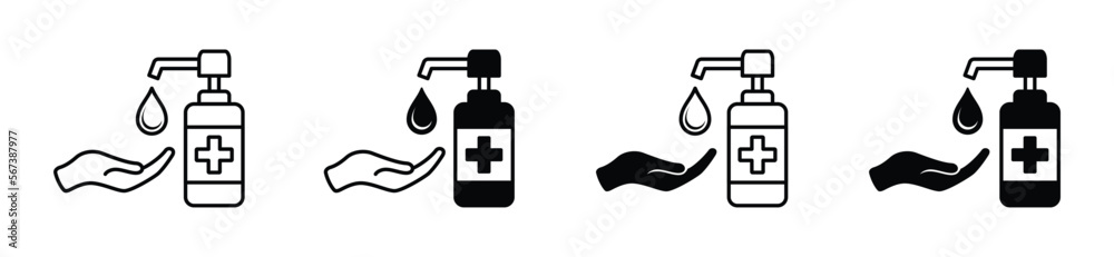 Liquid soap icon. Hands using hand sanitizer liquid soap with a medical plus sign in flat and line style. Hand sanitizer, antibacterial, anti germ, antiseptic, vector illustration Liquid soap icon. Hands using hand sanitizer liquid soap with a medical plus sign in flat and line style. Hand sanitizer, antibacterial, anti germ, antiseptic, vector illustration