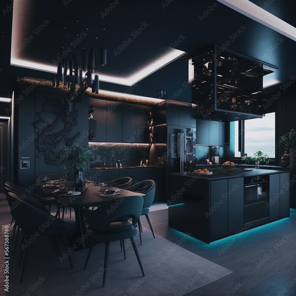 Modern contemporary luxury interior design, a combination of dark wall color and furniture . 3d rendering of the dining room, generative AI - obrazy, fototapety, plakaty 