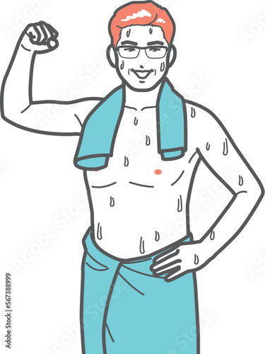 サウナで意欲のあるポーズをする男性