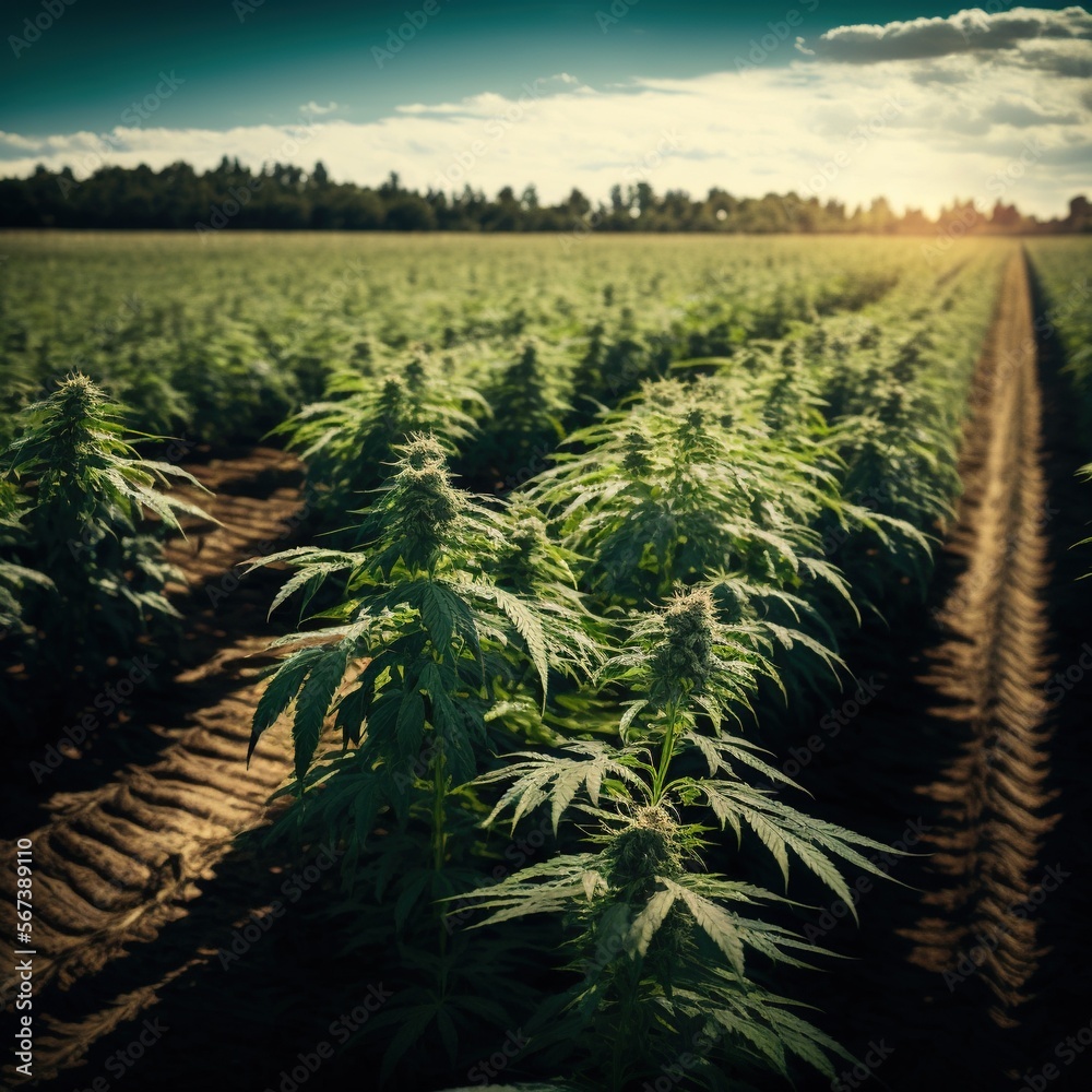 Cannabis hemp plants being grown in a field. Marijuana crop farming. generative AI  - obrazy, fototapety, plakaty 