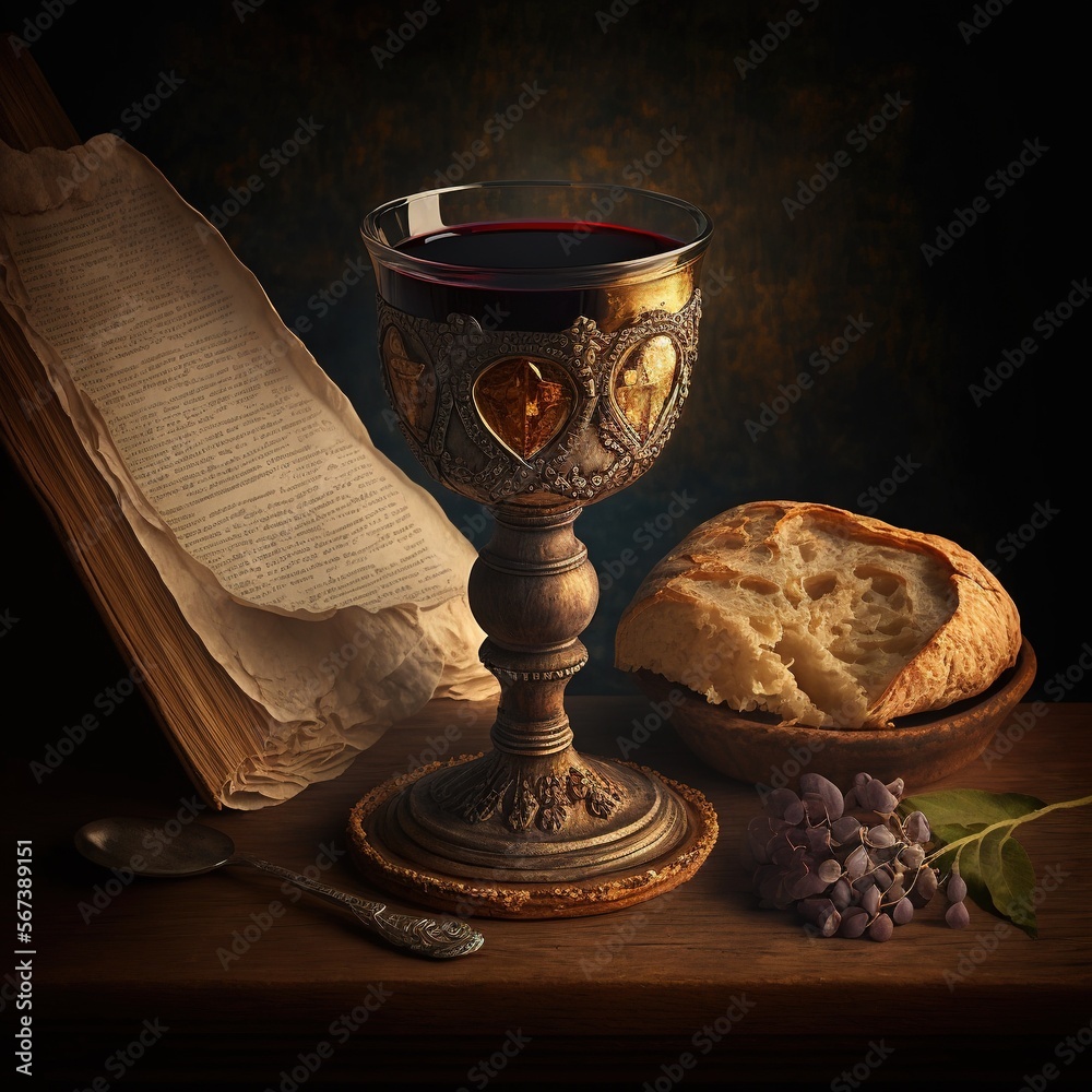 Holy communion on wooden table on church.Taking holy Communion.Cup of glass with red wine, bread.The Feast of Corpus Christi. Generative AI. - obrazy, fototapety, plakaty 