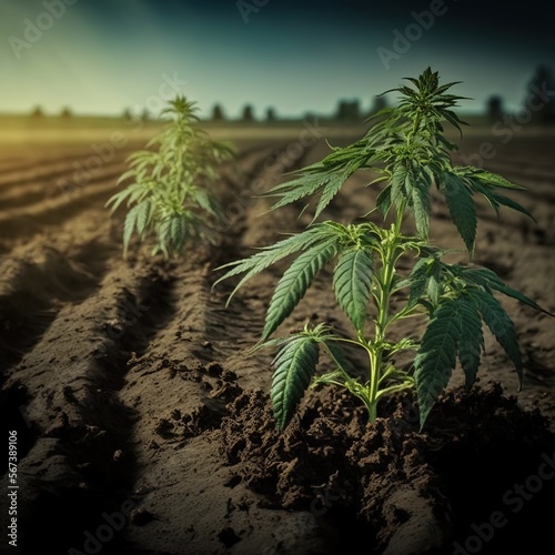Cannabis hemp plants being grown in a field. Marijuana crop farming. generative AI 