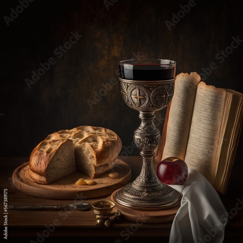 Holy communion on wooden table on church.Taking holy Communion.Cup of glass with red wine, bread.The Feast of Corpus Christi. Generative AI.