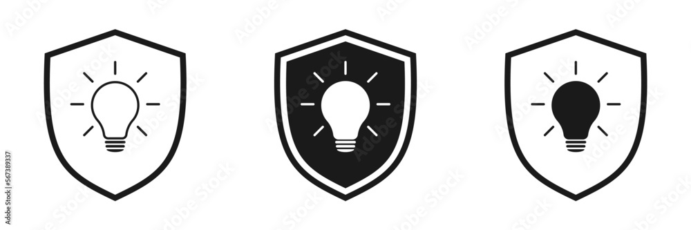 Shield with light bulb. Set of illustrations Shield with light bulb. Set of illustrations