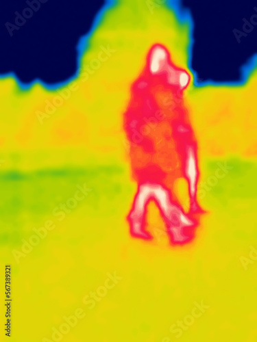 The womans in the park. Thermal inpressionism. Image from thermal imager device. Modified unrecognizable people photo