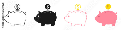 Piggy bank icons set. The piggy bank saves money. Illustration.