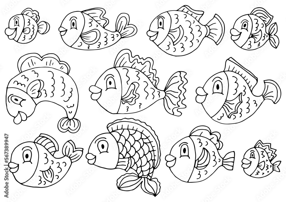 Hand drawn fish set in line style. Coloring page. Vector illustration