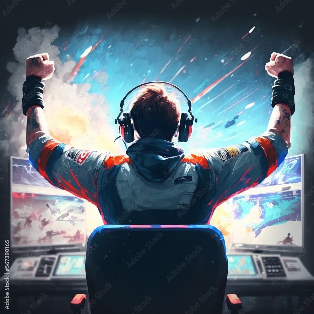 Professional eSports gamer rejoices in the victory in red blue illuminated game room, the winner, the joy of winning, generative AI,  - obrazy, fototapety, plakaty 