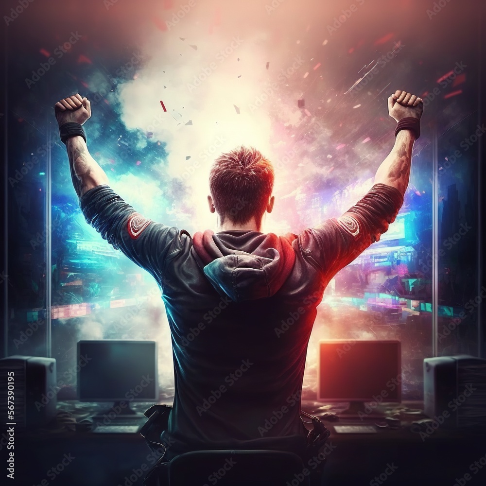 Professional eSports gamer rejoices in the victory in red blue illuminated game room, the winner, the joy of winning, generative AI,  - obrazy, fototapety, plakaty 