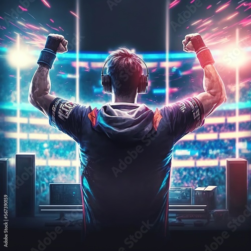 Professional eSports gamer rejoices in the victory in red blue illuminated game room, the winner, the joy of winning, generative AI, 