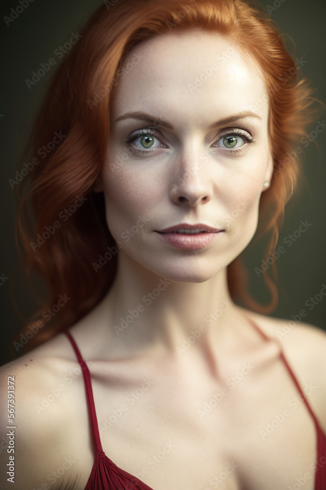 Portrait of a young woman with red hair and fair skin - AI generative