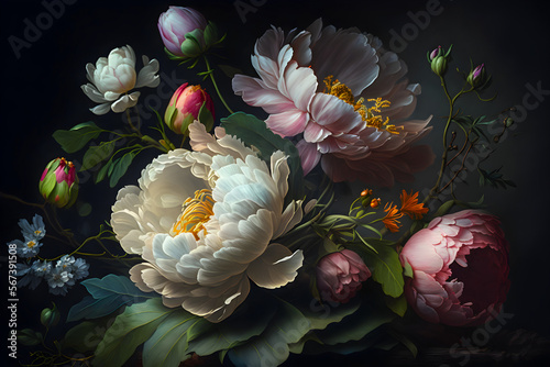 Fototapeta Naklejka Na Ścianę i Meble -  Beutiful bouquet flowers on dark background. generative ai