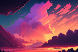 Dramatic sunset with twilight colored sky and clouds as the background for the concept of a colorful sky. Generative AI