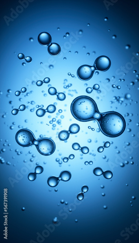Models of hydrogen molecules floating against blue background - H2 scientific element	
