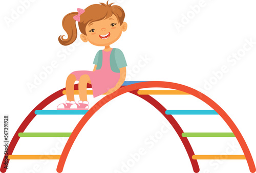 Happy girl on jungle gym. Cartoon kid playground
