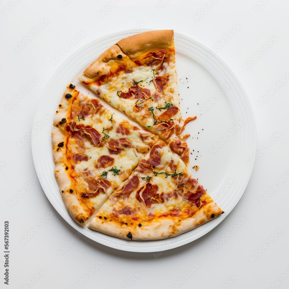 Top view bacon pizza with basil and cheese on white background Top view bacon pizza with basil and cheese on white background