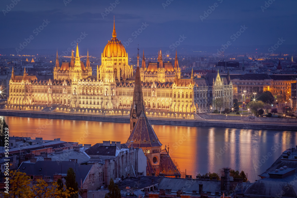 Above Budapest and Danube river cityscape at evening , Hungary