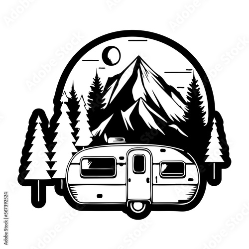 camper camp camping site with mountains and tree, camping in the woods, campsite with trailer landscape in retro style, svg file.