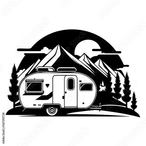 camper camp camping site with mountains and tree, camping in the woods, campsite with trailer landscape in retro style, svg file.