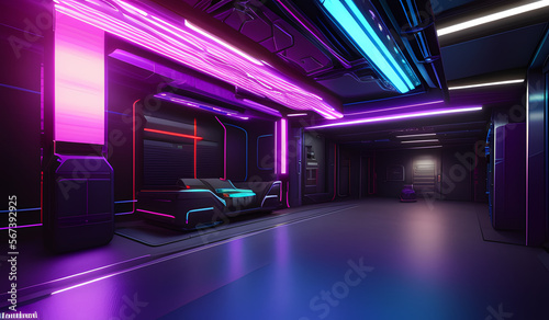 a room with a couch and a neon light in it and a wall with a door to another room sci-fi design