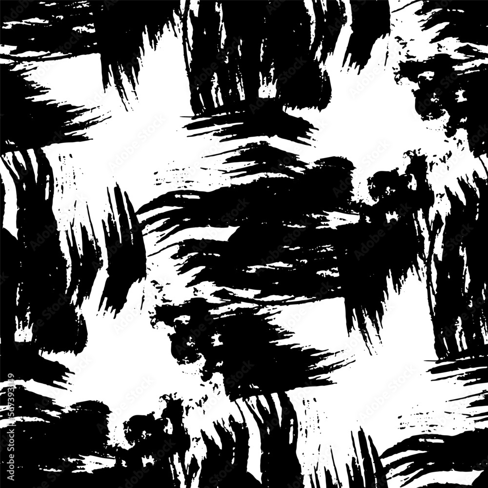 Vector abstract black brush swirl. Decor ink freehand with a grunge brushstroke. Black and white engraved ink. Seamless background pattern. Texture print fabric wallpaper.