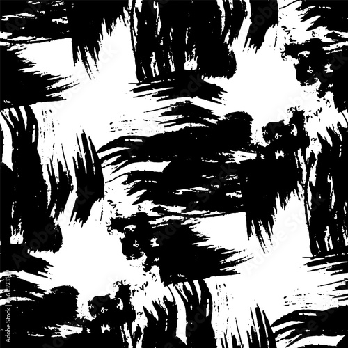 Vector abstract black brush swirl. Decor ink freehand with a grunge brushstroke. Black and white engraved ink. Seamless background pattern. Texture print fabric wallpaper.