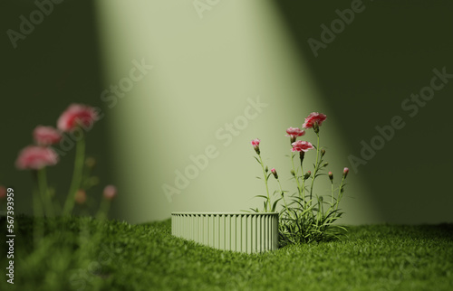 3D podium, display.  Green background with flower, green grass and sun shadow. Nature minimal pedestal. Beauty, cosmetic product presentation mockup. Spring, summer landscape. 3d render
