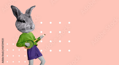 Rabbit, bunny head on male body playing with tennis racket. Creative design on peach background. Happy Easter. Holidays, spring, celebration, family gathering. Copy space for ad, text. Design for card