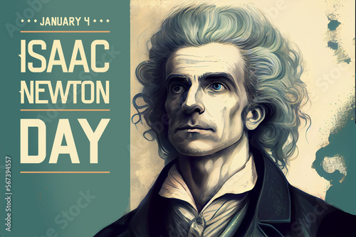 Isaac Newton's Day on January 4. Poster with Isaac Newton. Ai-generated. Generating Ai. photo