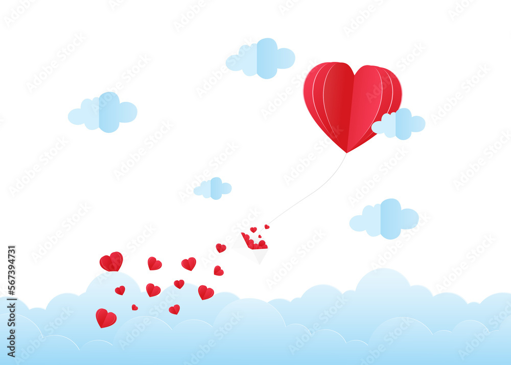 Red heart paper cut ballon with envelope and clouds on transparent background,Decoration for valentine's day.