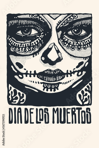 Postcard an invitation to the dead day with the girl's face in carnival makeup Dia De Los Muertos. Hand drawn design element. Vector illustration