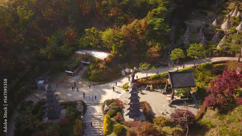 Aerial video of Wawoojeongsa temple during Autumn season, South Korea